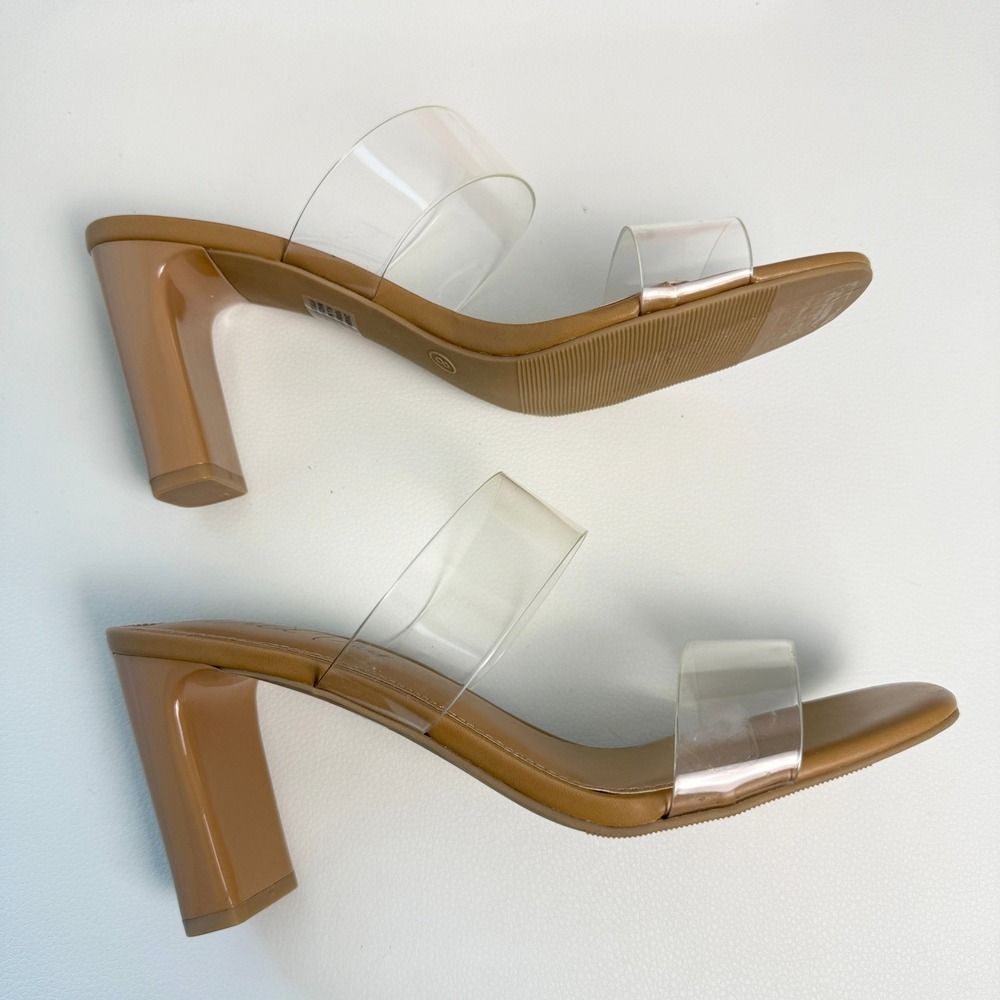 Wild Pair‎ Zandriav Block Heel Sandals Women 8 Tan Clear Straps Minimalist